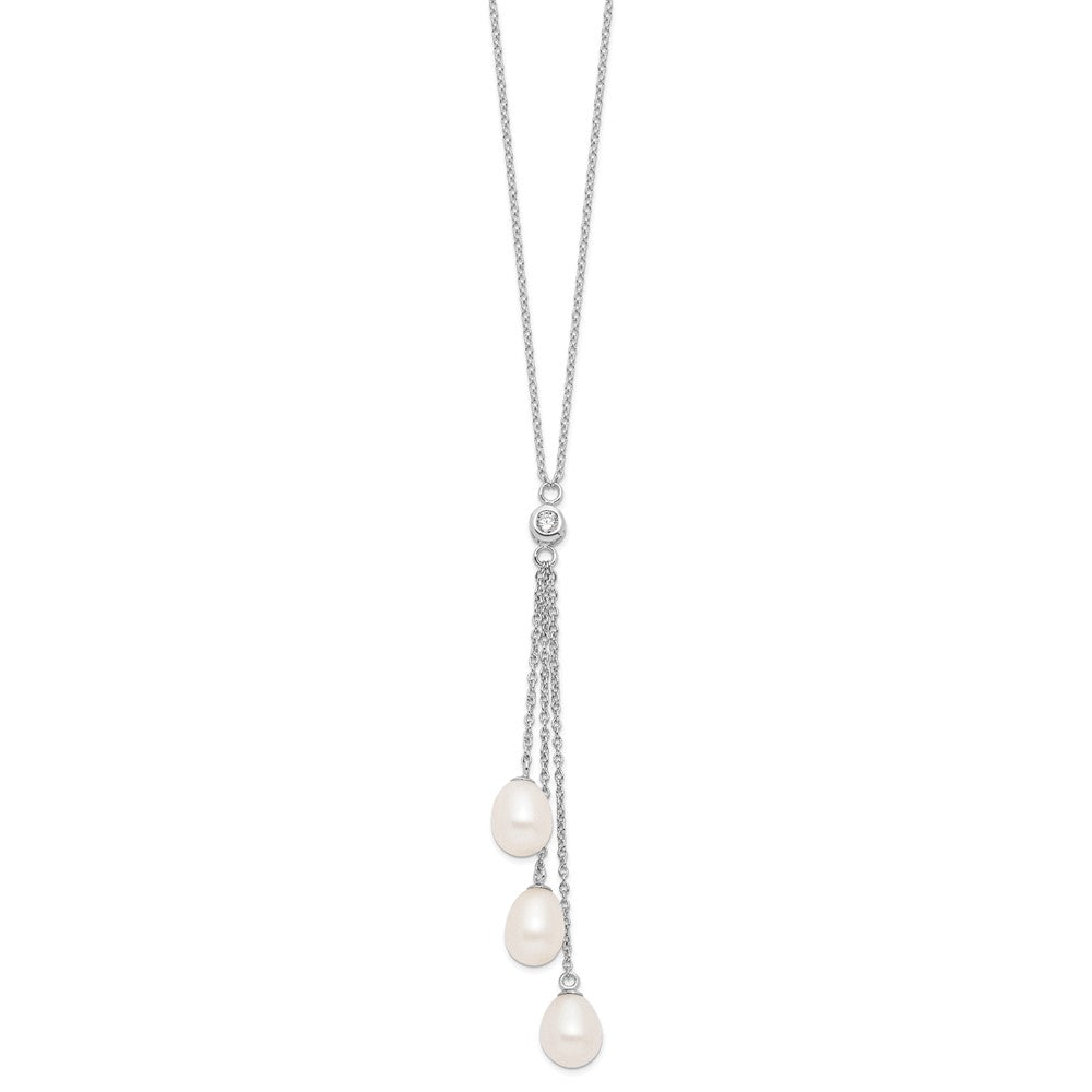 Sterling Silver Rhodium-plated 7-8mm White Teardrop Freshwater Cultured Pearl and CZ Drop 18 inch Necklace 18 Inches