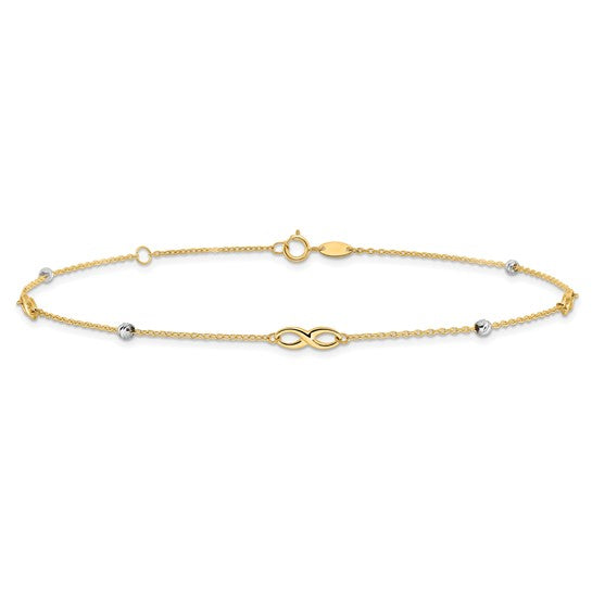 10K Two-Tone Diamond-cut Beads and Infinity 10in Plus 1in ext. Anklet