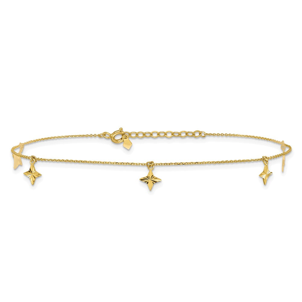 10k Polished Diamond-cut Stars 5-Station 9 inch with 1 inch Extension Anklet