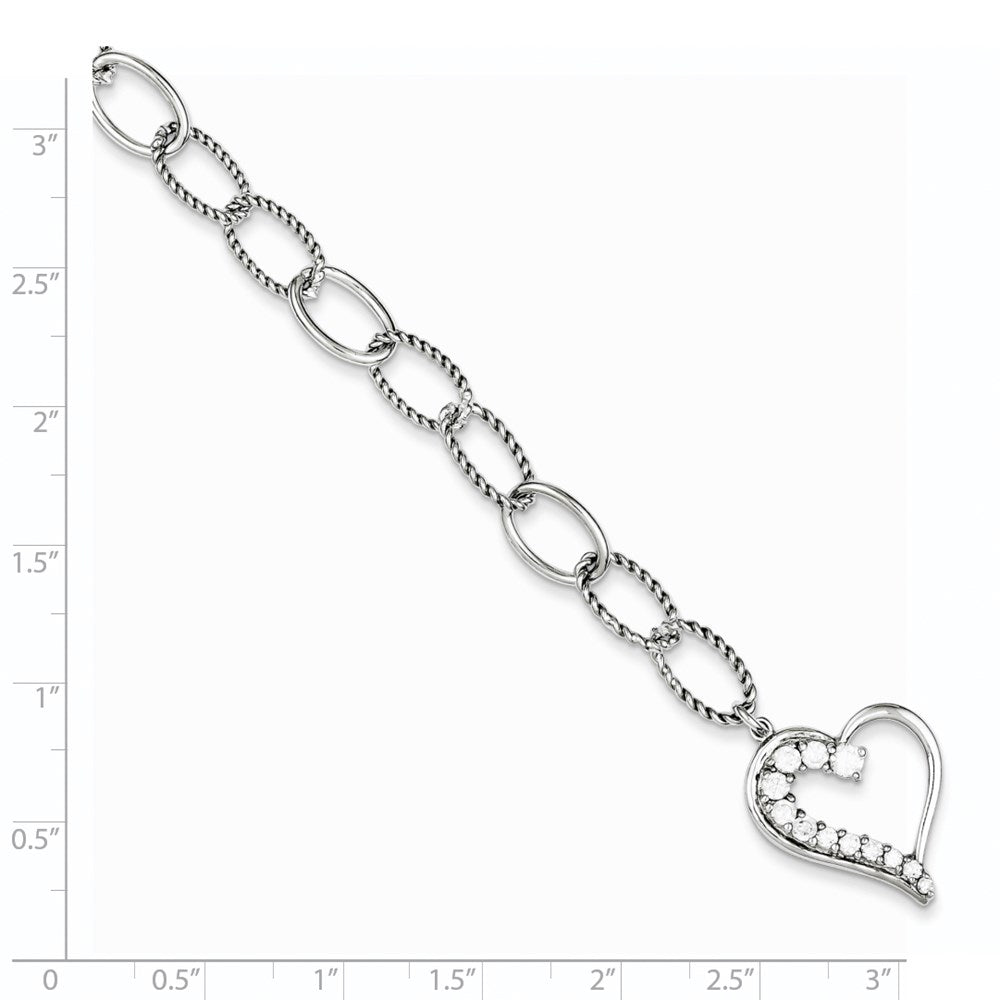 Sterling Silver Rhodium Plated Journey Heart CZ Dangle Bracelet 7.5 inches