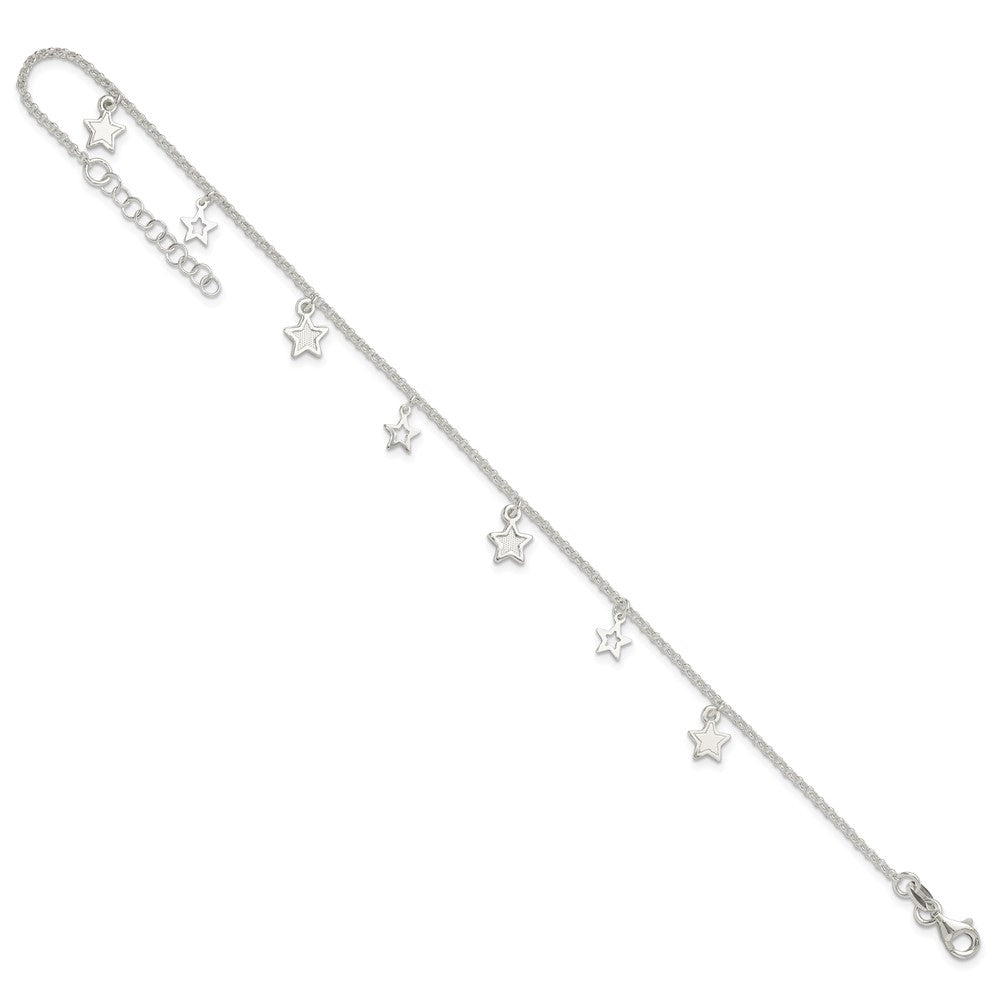 Sterling Silver Polished and Textured Star 9in Plus 1in Ext. Anklet 9 inches