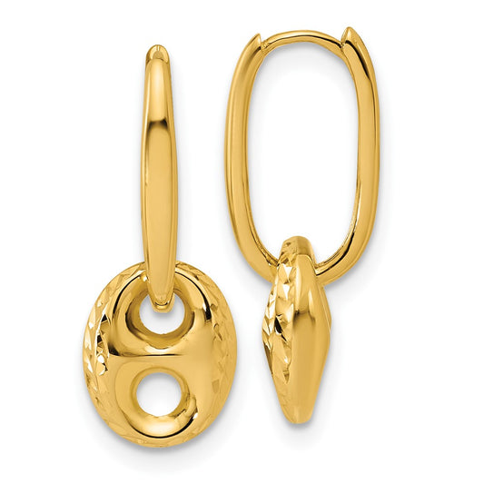 14K Polished/Dia-cut Mariner Bead Hinged Hoop Earrings