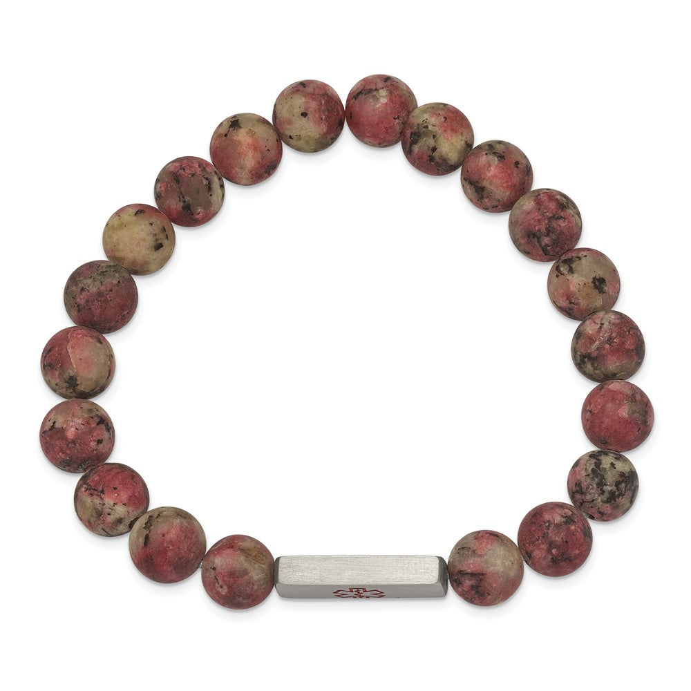 Stainless Steel Brushed Enamel Medical ID Rhodochrosite Stretch Bracelet
