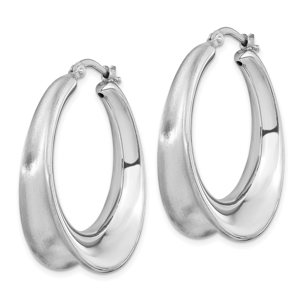 Sterling Silver Rh-plated Polished & Brushed Oval Hoop Earring