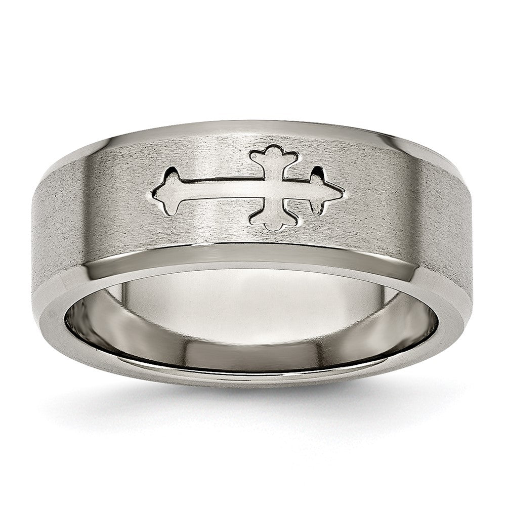Titanium Brushed Center Cross Design 8mm Beveled Edge Band Size - 11