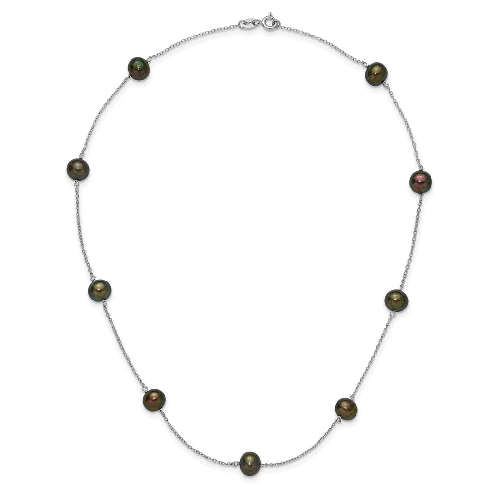Sterling Silver Rhodium-plated 7-8mm Black Semi-Round Freshwater Cultured Pearl 9-Station 18 inch Necklace 18 Inches