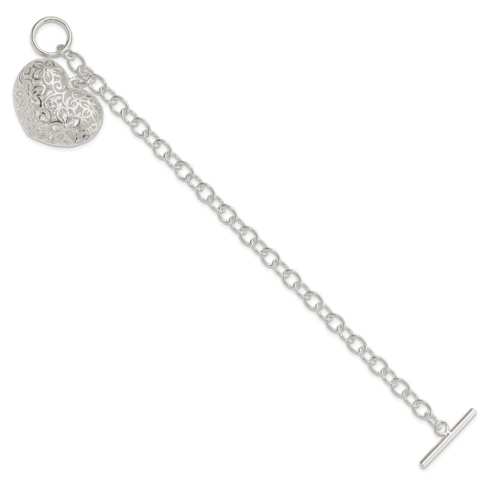 Sterling Silver Puffed Filigree Heart Toggle Bracelet 7.75 inches
