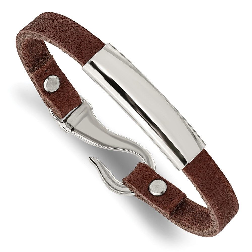 Stainless Steel Polished Brown Leather 8.5in ID Bracelet 8.5 inches