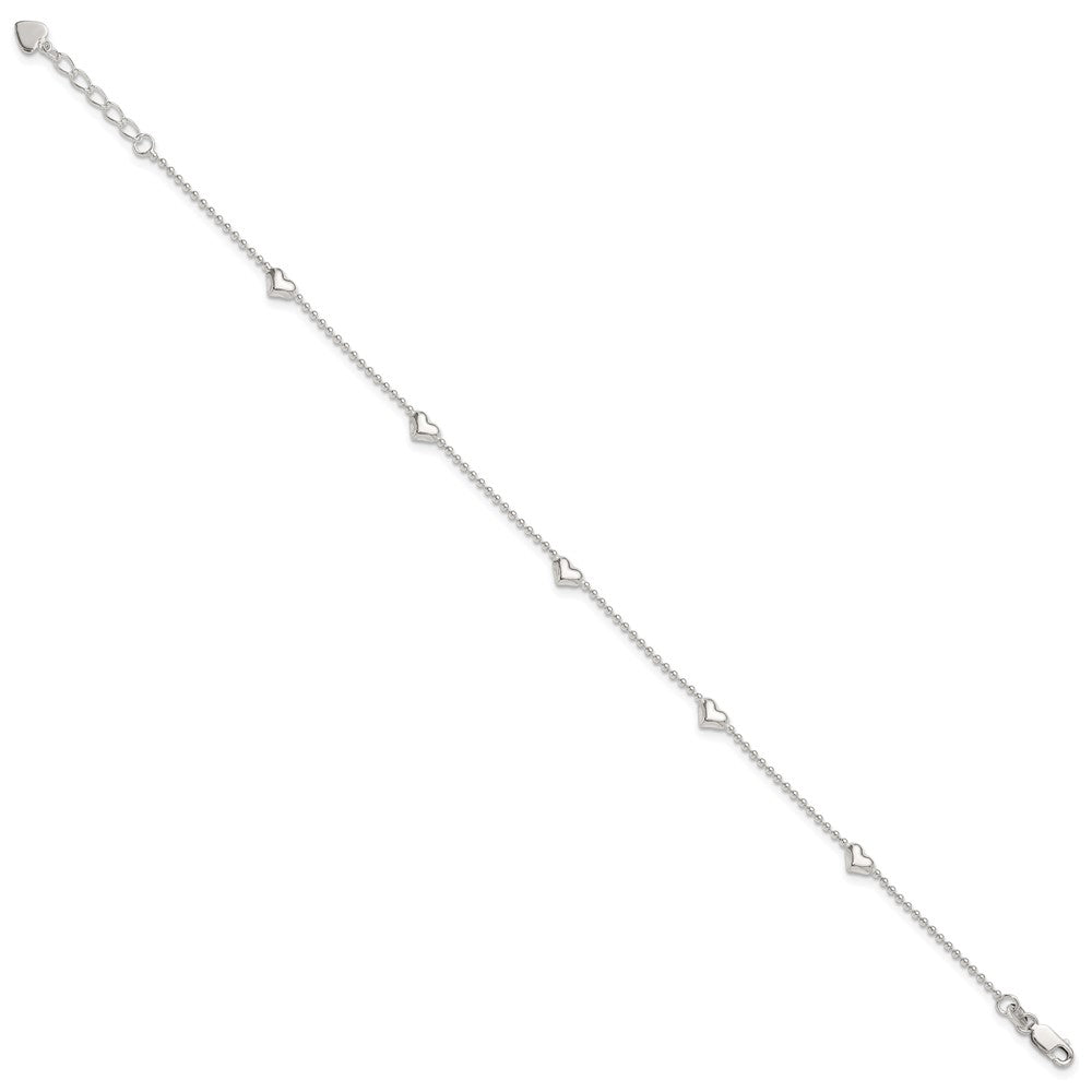 Sterling Silver Dangling Heart 9in Plus 1in ext Anklet 10 inches