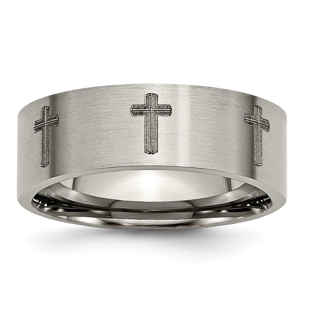 Titanium Brushed Cross Laser Design 8mm Flat Band Size - 7.5