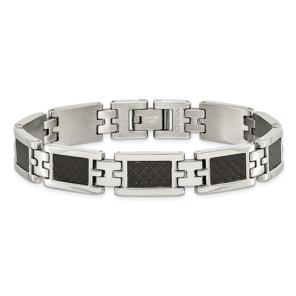 Stainless Steel Polished Black Carbon Fiber Inlay 9in Bracelet 9.25 inches
