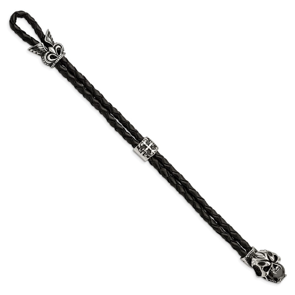 Stainless Steel Antiqued and Polished Enameled w/Glass Leather Bracelet 8.5 inches