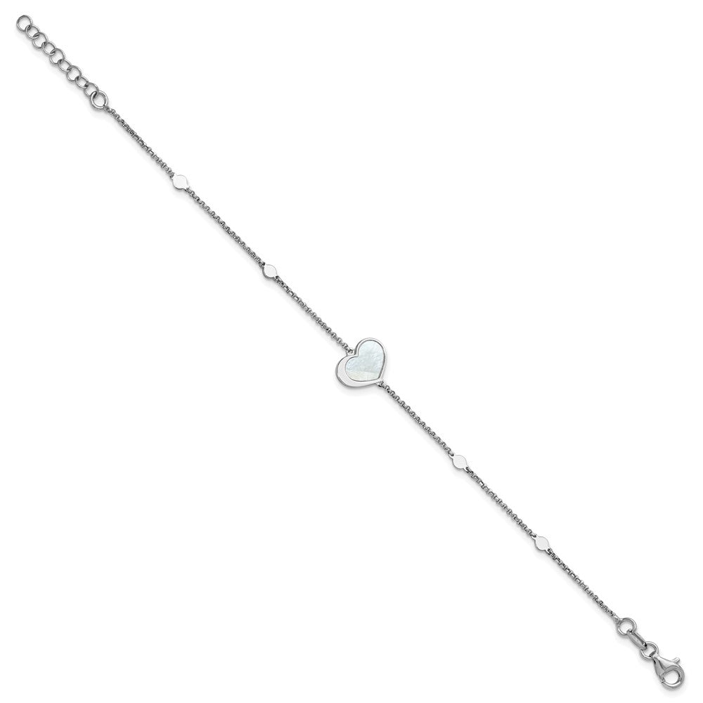 Sterling Silver Rhod-plated Mother of Pearl Heart 6.5in w/1in ext Bracelet 7.5 inches