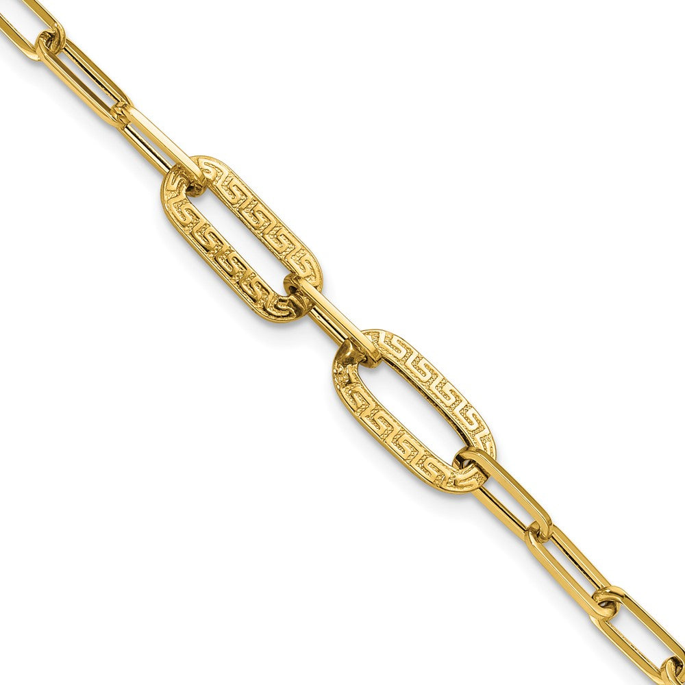 14K Polished Textured Greek Key Paperclip Link Bracelet 7.5  inches