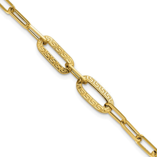 14K Polished Textured Greek Key Paperclip Link Bracelet 7.5  inches