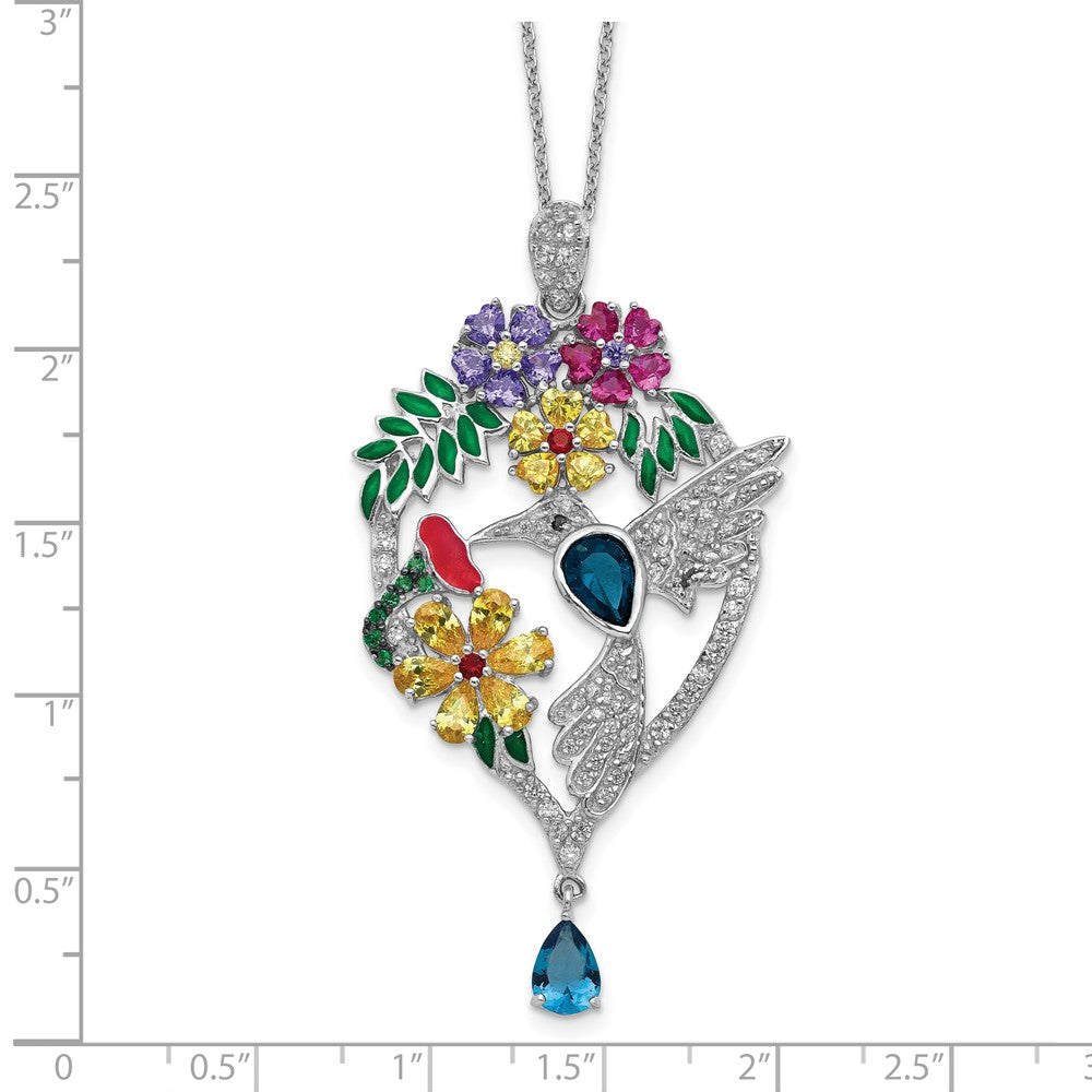 Cheryl M Sterling Silver Rhodium-plated Enameled Multicolor Brilliant-cut Glass and CZ Floral Hummingbird 18 Inch Necklace 18 Inches