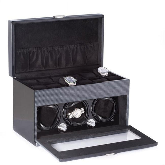 Bey-Berk 3-Watch Winder  12-Watch Storage | Carbon Fiber Steel Gray | BB681STL