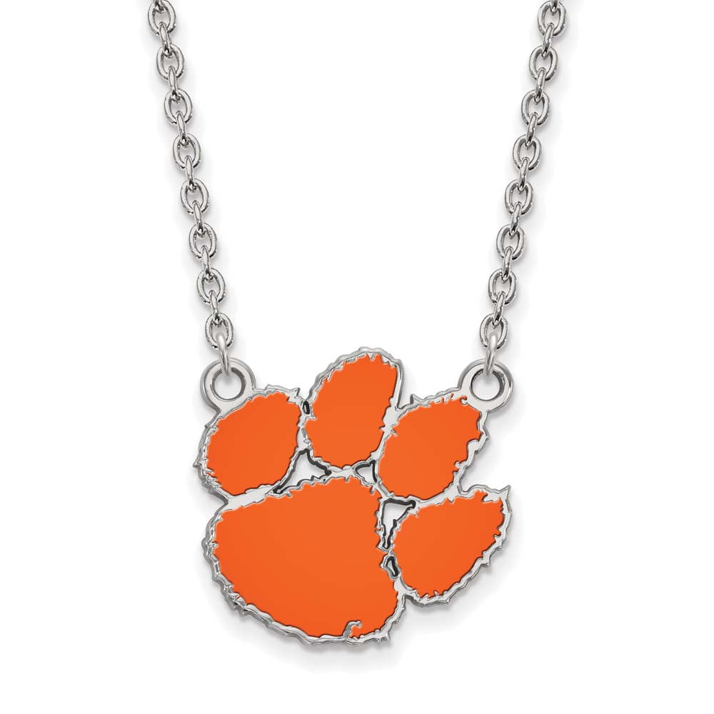 Sterling Silver Rhodium-plated LogoArt Clemson University Tiger Paw Large Enameled Pendant 18 inch Necklace Q-SS045CU-18
