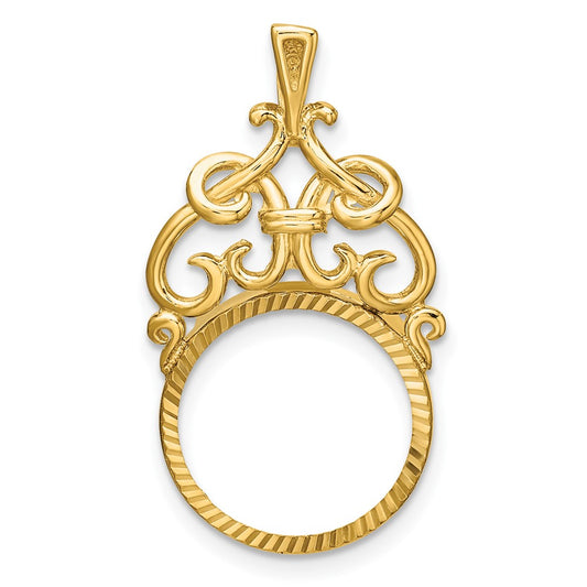 Wideband Distinguished Coin Jewelry 14k Polished Fancy Filigree Top and Diamond-cut 14.0mm Prong Coin Bezel Pendant