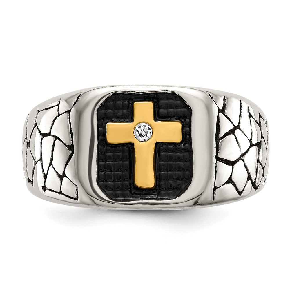 Stainless Steel Antiqued & Polished Yellow IP-plated w/Crystal Cross Ring Size - 12