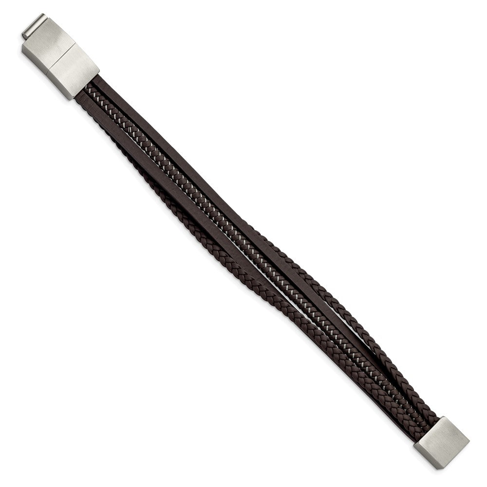 Stainless Steel Brushed Brown Braided Leather & Wire w/.5in ext Bracelet