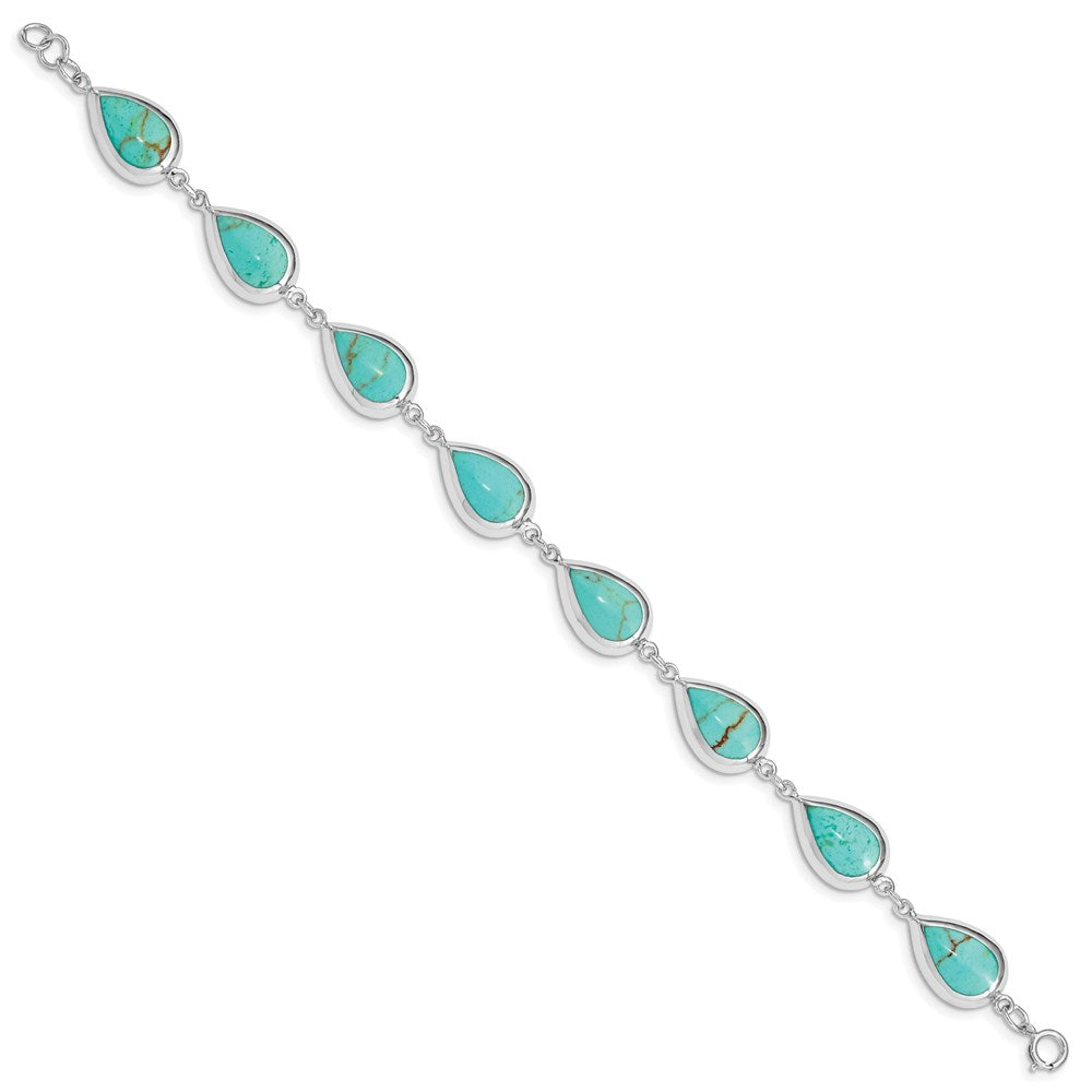 Sterling Silver Rhodium-plated Teardrop Synthetic Turquoise Bracelet 7.75 inches