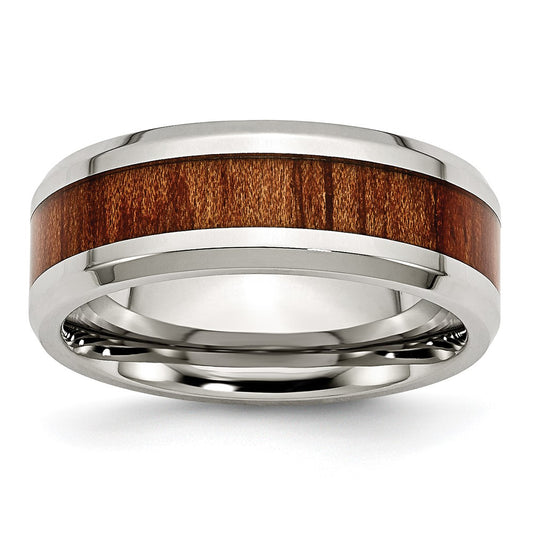 Stainless Steel Polished Red/Orange Koa Wood Enameled 8mm Band Size - 11.5