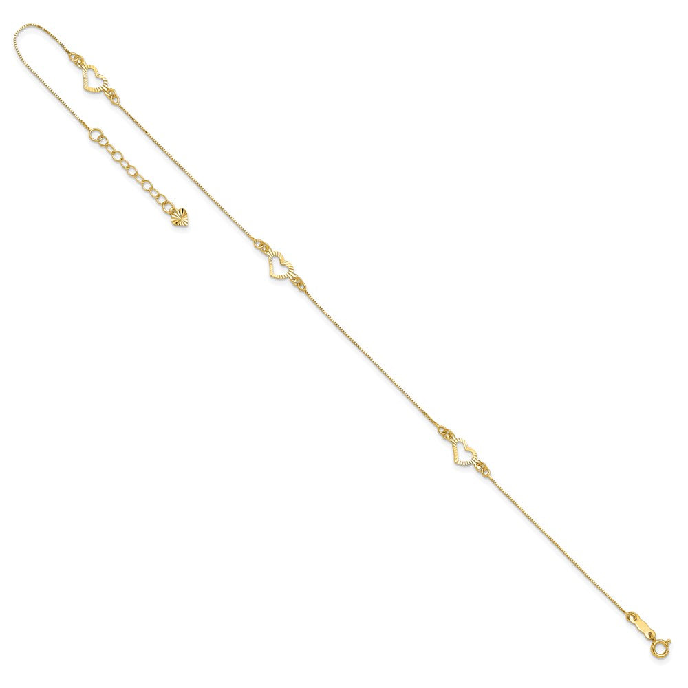 14k Diamond-cut Heart 10in Plus 1in ext. Anklet