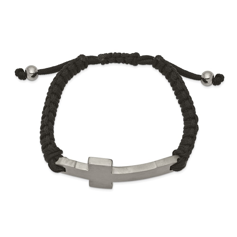 Stainless Steel Brushed and Polished Black Nylon Adjustable Cross Bracelet