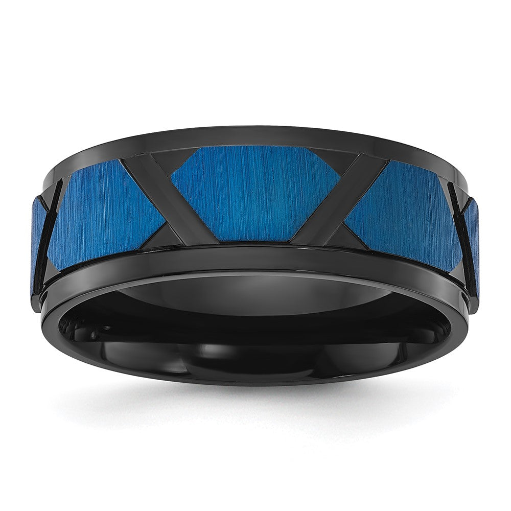 Chisel Stainless Steel Brushed and Polished Black and Blue IP-plated 8mm Band Size - 14