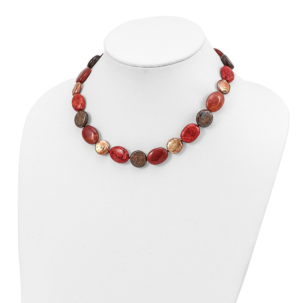 Sterling Silver Tiger Eyes/Carnelian/Reconst. Coral/FW Cult. Pearl Necklace 18 Inches