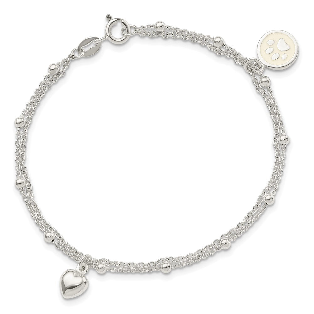 Sterling Silver 2-Strand Heart and Enameled Paw Print Bracelet 7.5 inches
