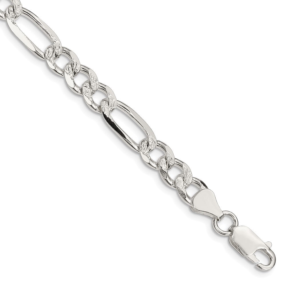 Sterling Silver 7.25mm Pav‚ Flat Figaro Chain 8 inches