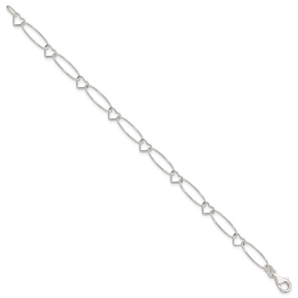 Sterling Silver Oval Link w/Hearts Bracelet 7.5 inches