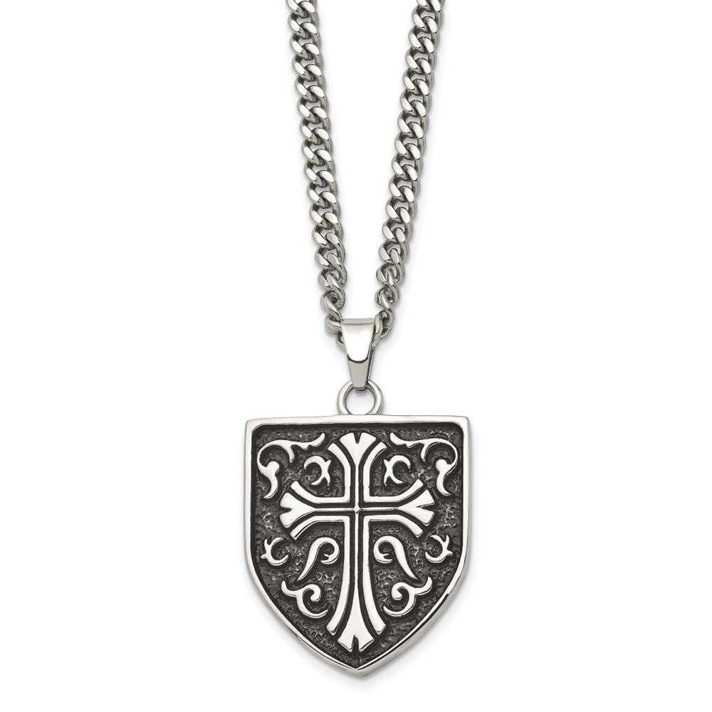 Stainless Steel Antiqued Polished & Textured Cross Shield 24in Necklace