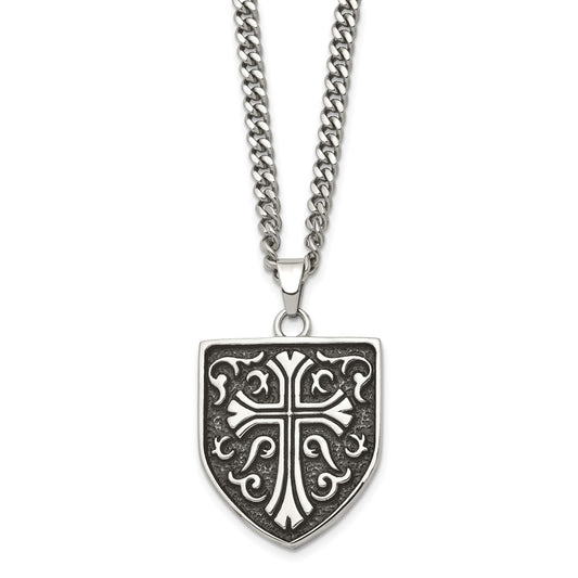 Stainless Steel Antiqued Polished & Textured Cross Shield 24in Necklace