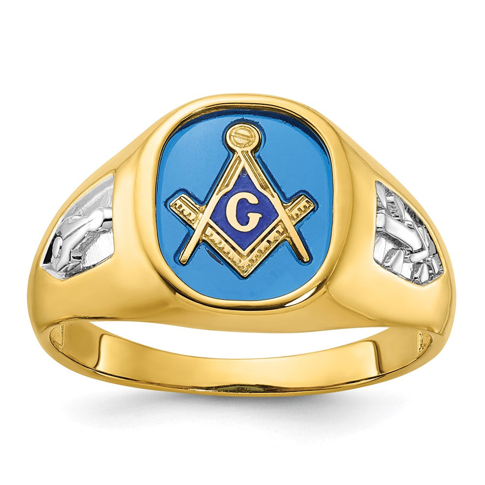 IBGoodman 14k with White Rhodium Men's Polished and Textured with Lab Created Sapphire Blue Lodge Master Masonic Ring Size 10