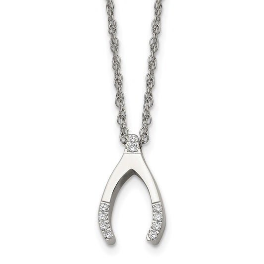 Stainless Steel Polished w/CZ Wishbone 15.5in Necklace
