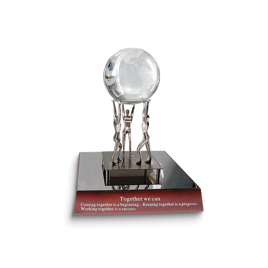 Together We Can Metal Figures Holding Crystal Globe with Mahogany Finish Wood Base Inspirational Desk Sculpture/Award