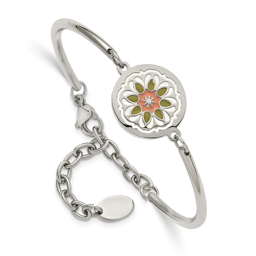 Stainless Steel Polished Enameled Flower 5.5in w/2in ext Bracelet 5.5 inches