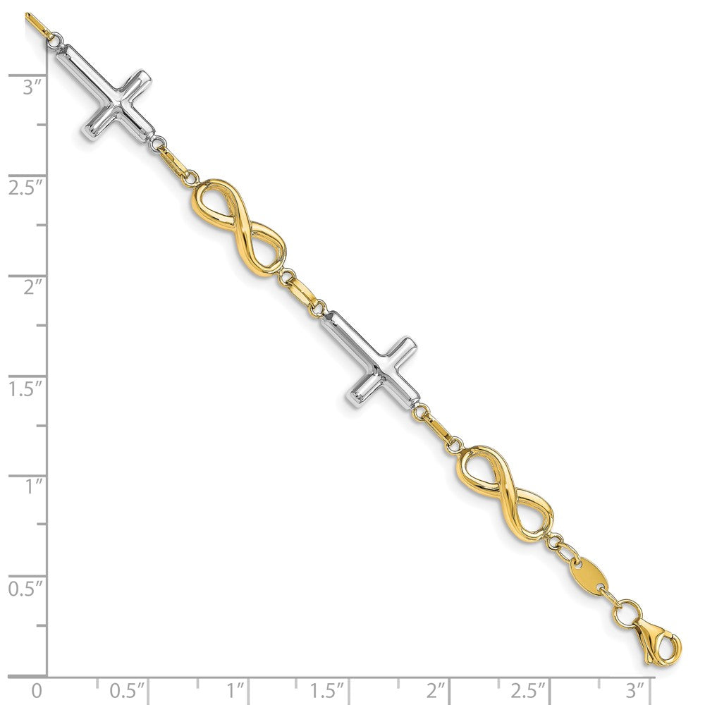 10K Two-tone Polished Cross and Infinity Bracelet 7.5  inches