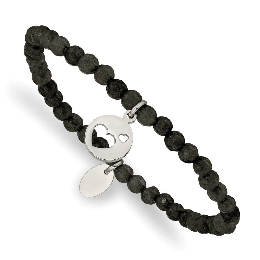 Stainless Steel Polished Hearts Black Jade Beaded Stretch Bracelet 6.25 inches
