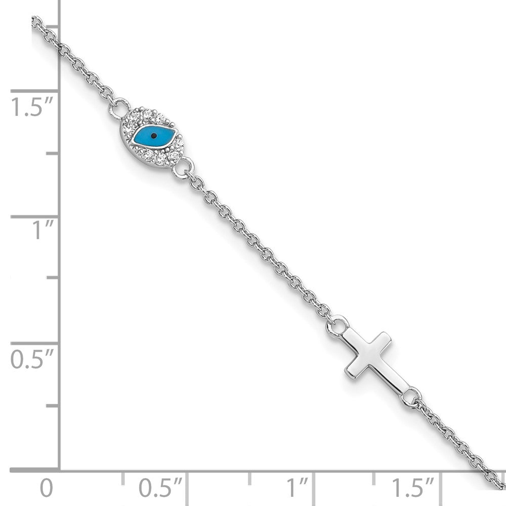 Sterling Silver RH CZ Enamel Cross w/Eye 6.5in w/1in ext Bracelet 7.5 inches
