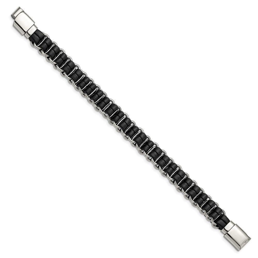 Stainless Steel Polished Black Leather 8.5in Bracelet 8.5 inches