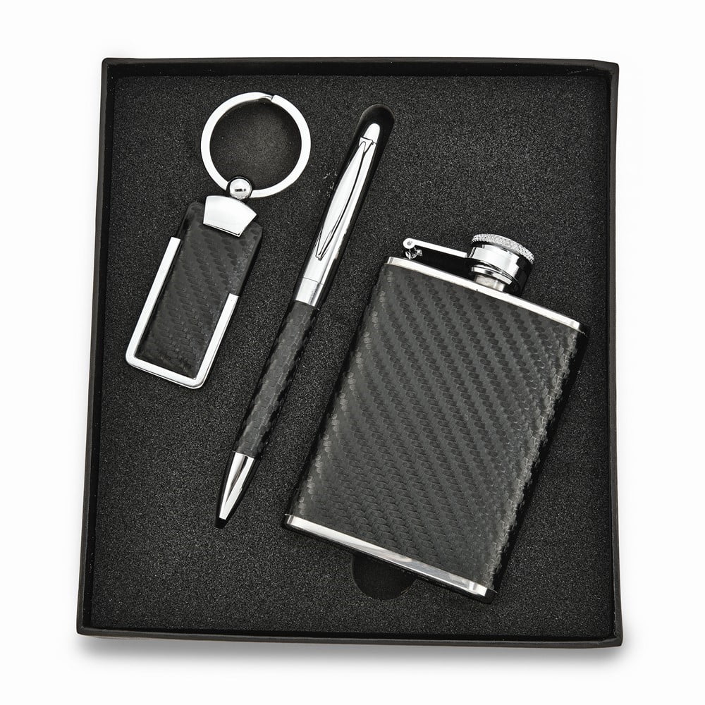 Faux Leather Key Ring, Pen and Flask Gift Set