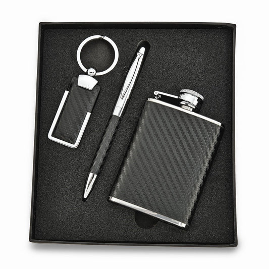Faux Leather Key Ring, Pen and Flask Gift Set