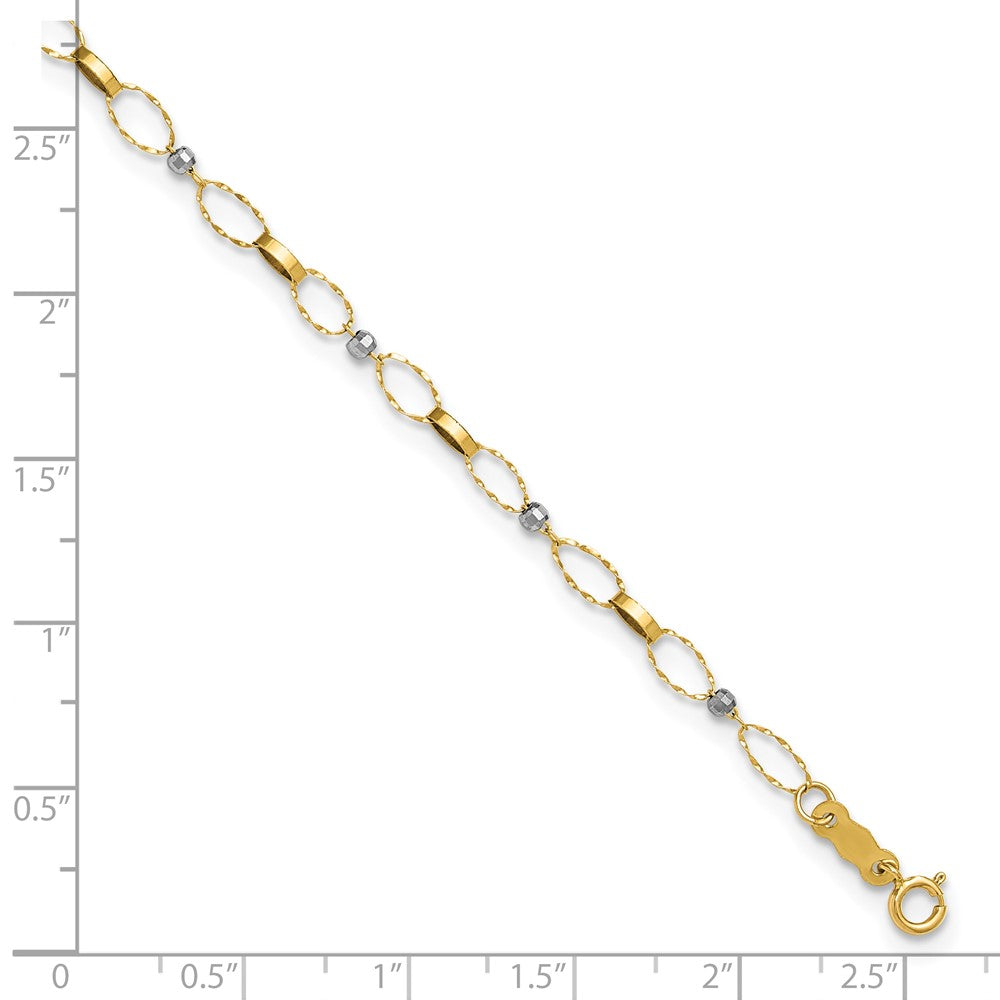 14k Two-tone Polished and Twisted Fancy Oval Links and Faceted Beads 9 inch Plus 1 inch Extension Anklet