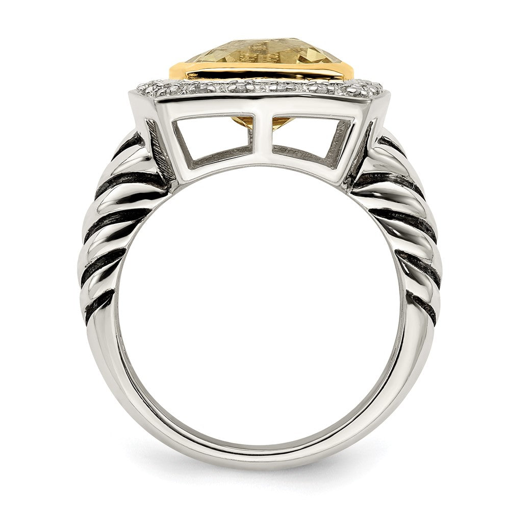 Shey Couture Sterling Silver with 14K Accent Antiqued Cushion Bezel Lemon Quartz and Diamond Ring