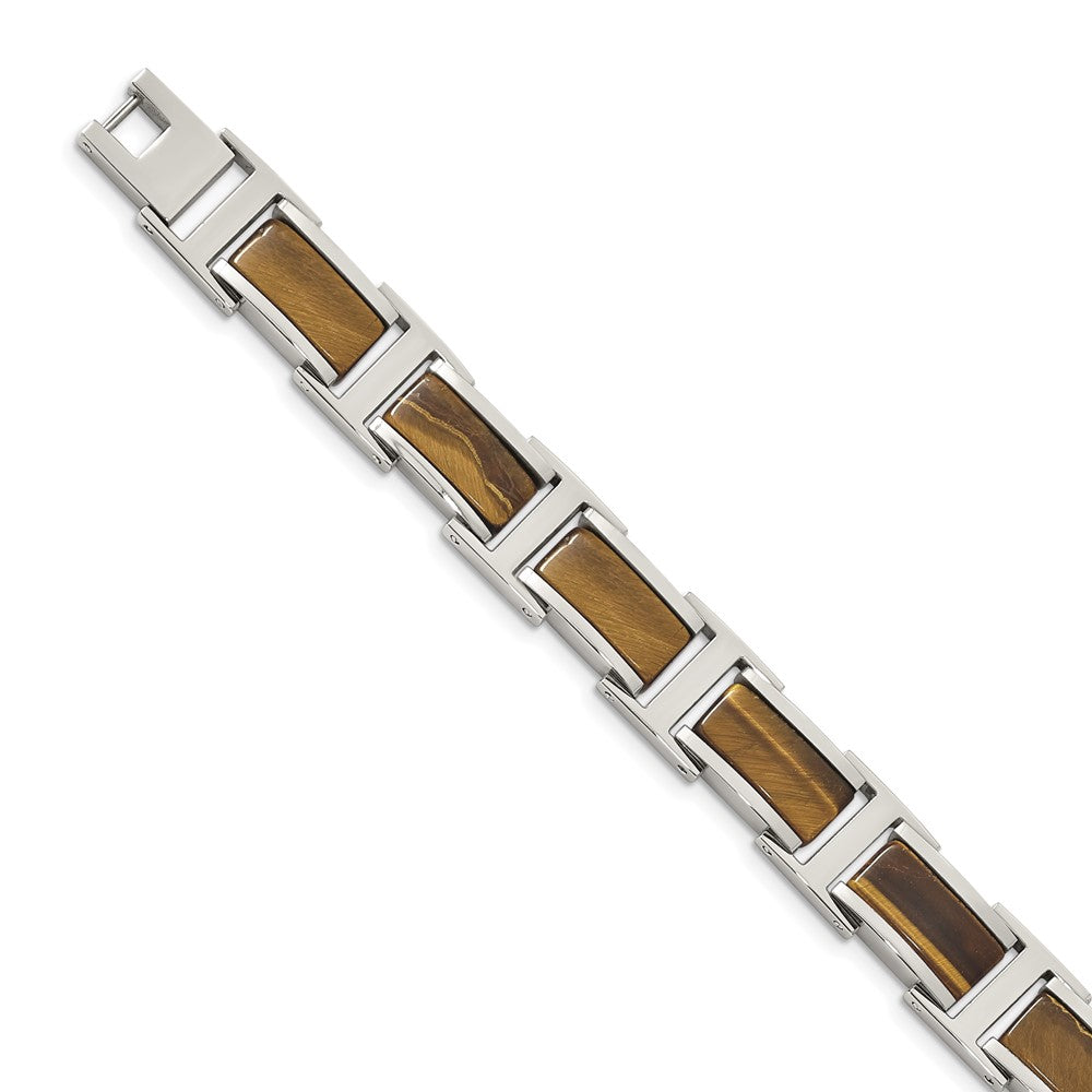 Stainless Steel Polished with Tiger's Eye Inlay 8.5in Link Bracelet 8.5 inches