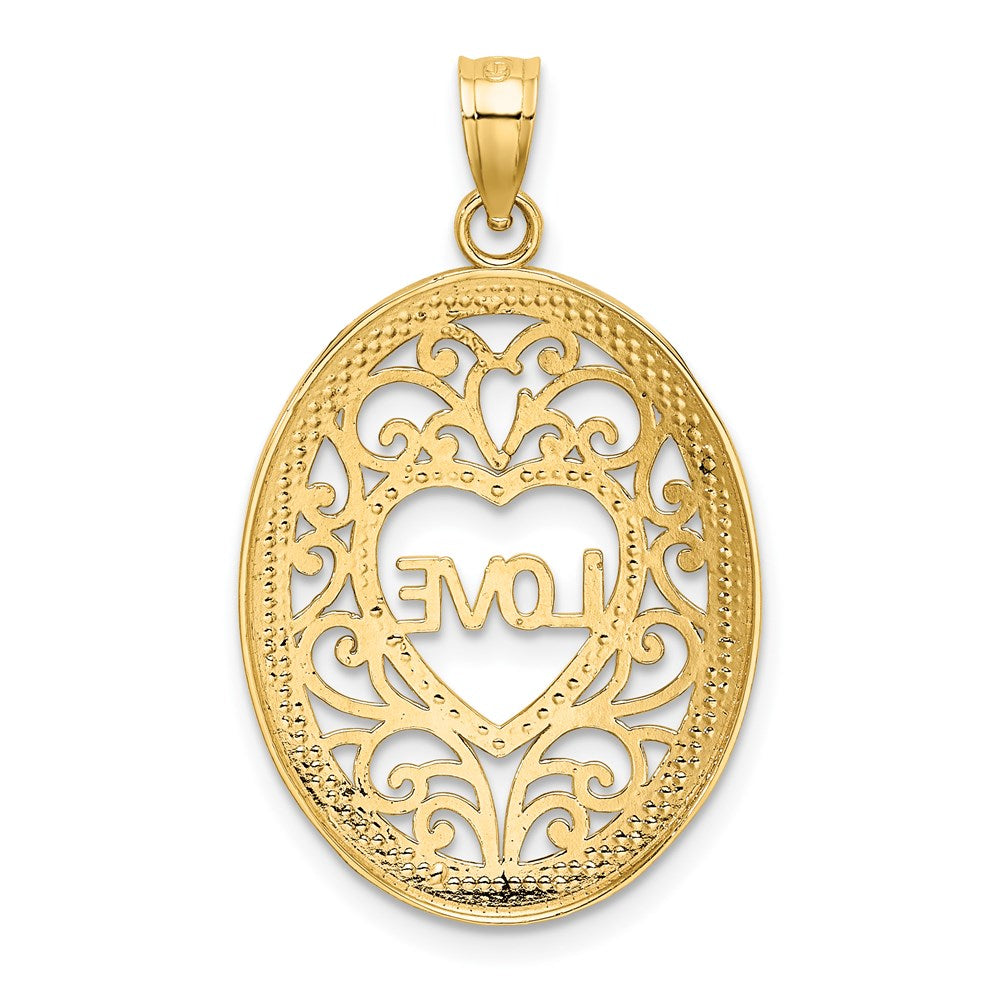 14k w/Rhodium LOVE Filigree Accent Oval Charm
